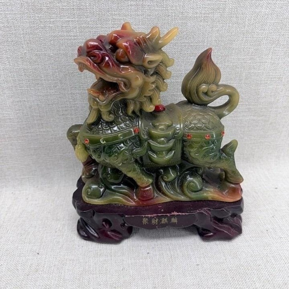Large Chinese Feng Shui Pixiu Pi Yao Wealth Guardian Resin Statue 11" Green Red